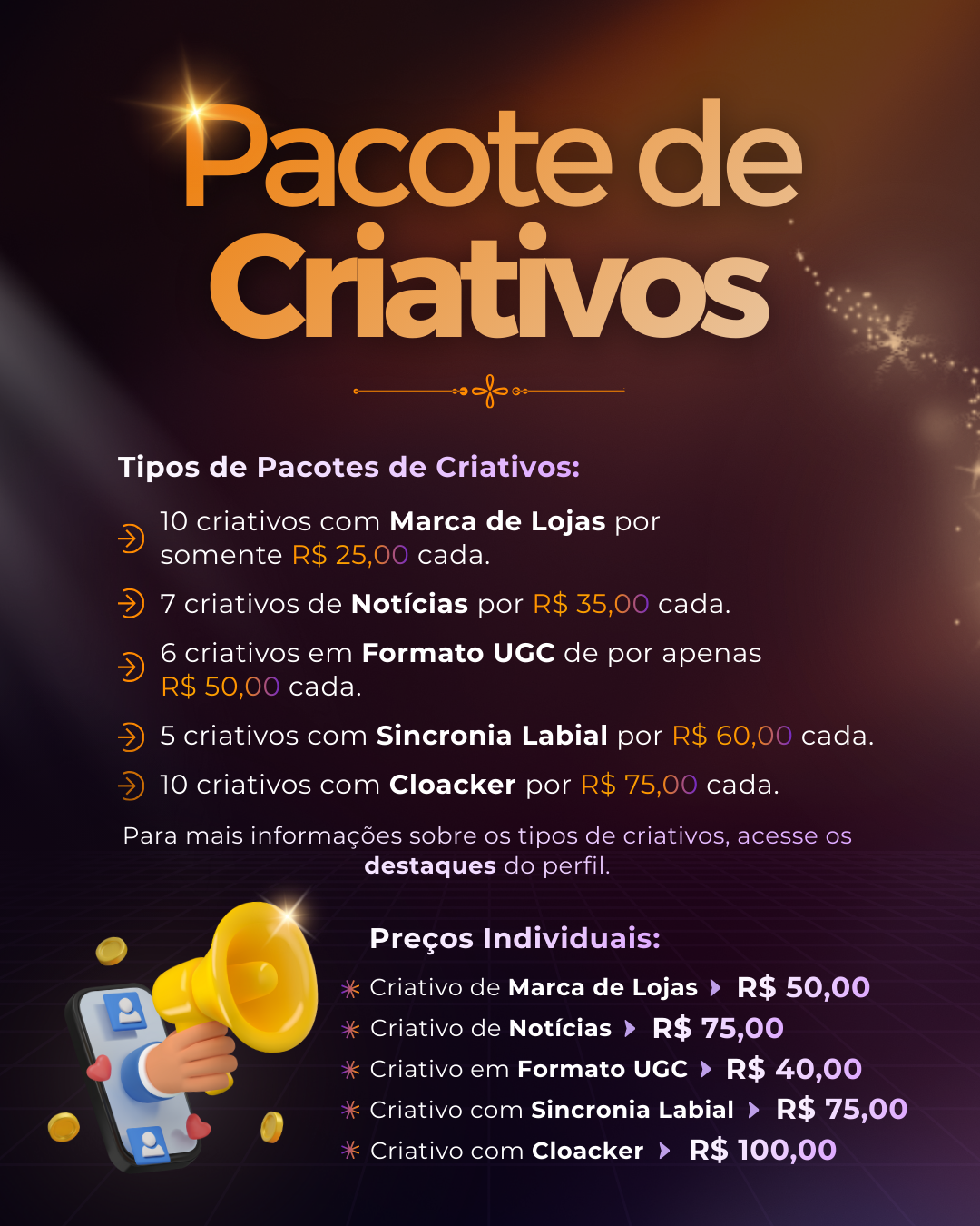 Pacote de Criativos - Preços